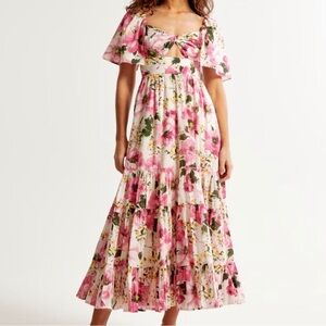 Abercrombie & Fitch Floral Cut Out Pink Maxi Dress Flutter Sleeve